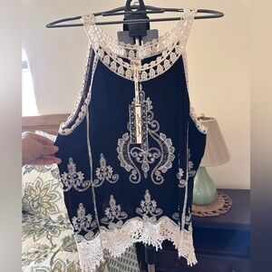 Ultra Pink Black Tank Top with White Lace Details